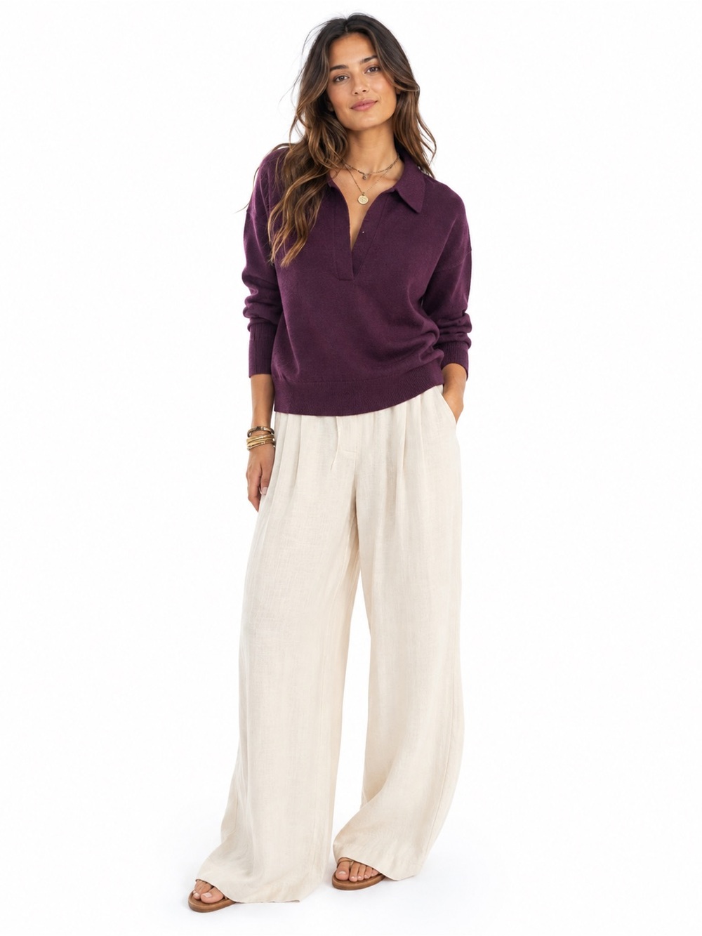 R Label 80% Wool 20% Cashmere Plum Polo Collar Sweater Women’s M Quiet Luxury